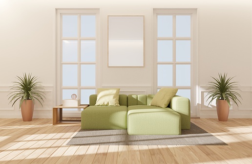 Mock up in modern living room interior with green sofa,plant pot and shadow daylight in house.3d rendering