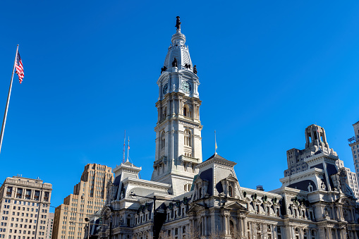 Philadelphia City Hall on blue sky in sunny day, Philadelphia, Pennsylvania, USA