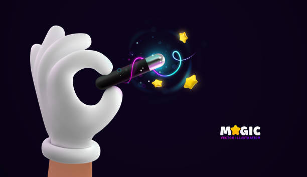 istock Magician hand  in white glove holding magic wand with glowing stars and light magical effects on dark background. Circus illusionist vector illustration 1475656531