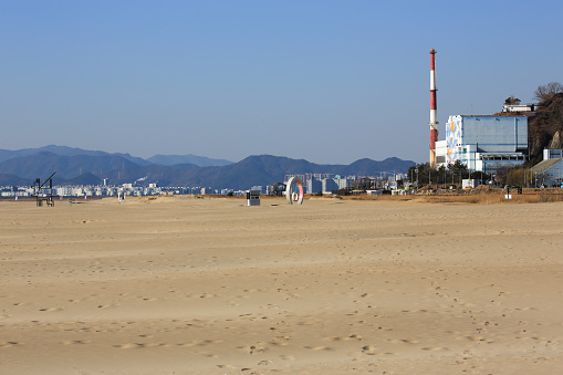 Dadaepo beach power plant facing the Sea of Japan in Busan, South Korea.