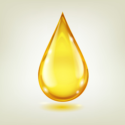 One big realistic water drop in yellow color with glares and shadow