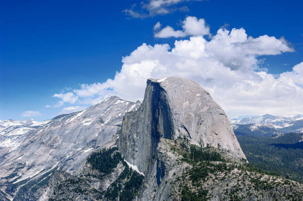 Springtime view of Half Dome from Glacier Point with snow covered peaks in background.Taken in Yosemite National Park, California, USA.