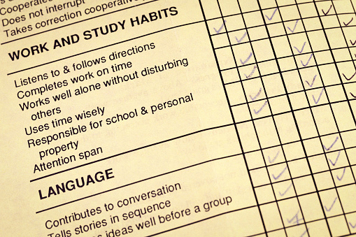 A kindergarten progress report card from the 1987 - 1988 school year. Work and study habits.