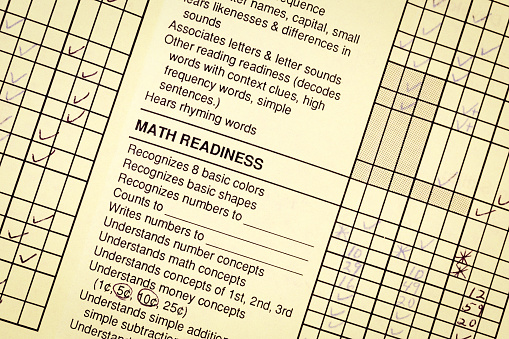 A kindergarten progress report card from the 1987 - 1988 school year. Math readiness.