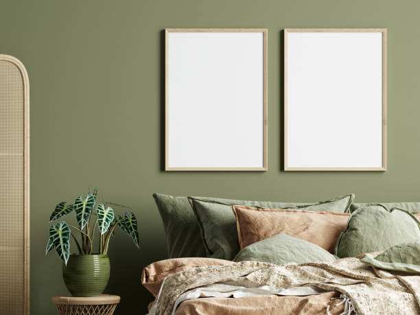 istock Frame mockup in cozy bedroom interior, 3d render 1475658950