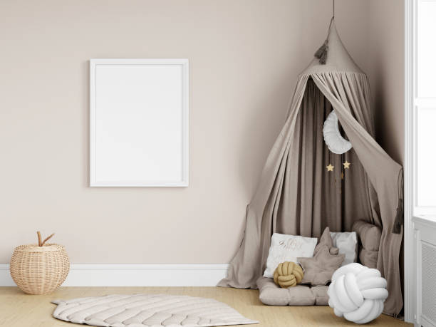 istock Frame mockup in modern kids room interior, 3d render 1475658990