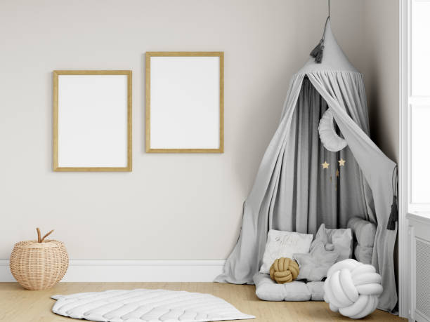 istock Frame mockup in modern kids room interior, 3d render 1475658994