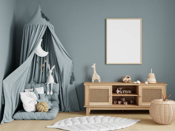 istock Frame mockup in modern kids room interior, 3d render 1475659026