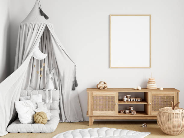 istock Frame mockup in modern kids room interior, 3d render 1475659072