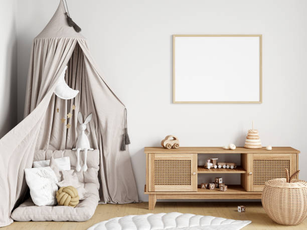 istock Frame mockup in modern kids room interior, 3d render 1475659076