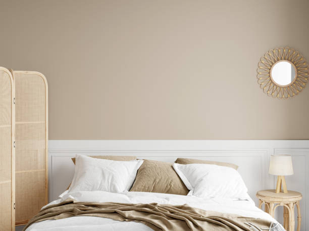 istock Blank wall mockup in bedroom interior, bedroom interior background, 3d render 1475660362
