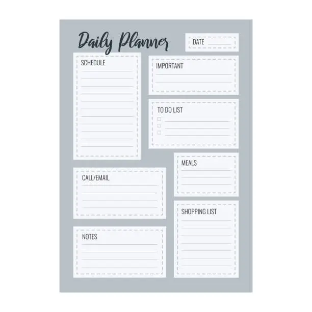 Vector illustration of Daily planner printable vector template. Blank organizer page A4, A5.  Business schedule page for a day for effective planning. Personal notebook. Paper sheet. White background.