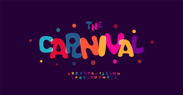 карнавал красочный алфавит, игривые буквы, забавный фестивальный шрифт для яркого логотипа фиесты, мексиканский заголовок, типографика дн� - fete stock illustrations