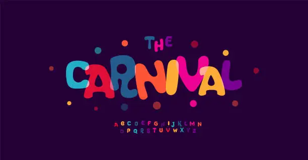 Vector illustration of Carnival colorful alphabet, playful letters, funny festival font for bright fiesta logo, mexican headline, birthday and greeting card typography, thank you phrases. Vector typographic design.