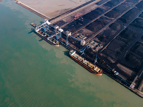 Aerial view of coal port and ships