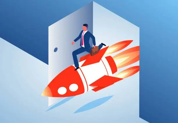 Vector illustration of Innovative thinking and ideas, new ideas for business solutions, starting new projects to achieve goals or develop business growth, isometric businessmen sitting on a flying rocket fast through an open door