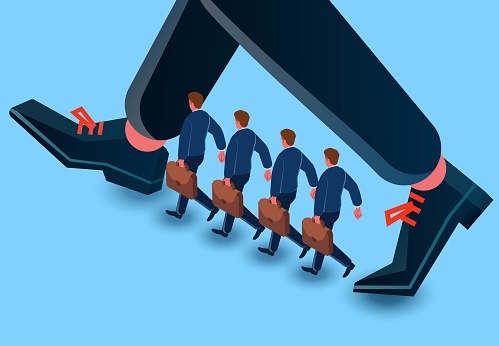 Follow the leader, guide or inspire the team forward, successful people or influencers, isometric groups of small businessmen following in the footsteps of giants