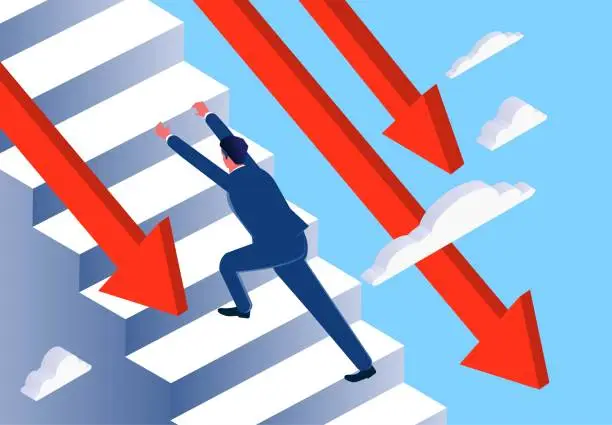 Vector illustration of Full of courage and conviction, conquer adversity, challenge to overcome difficulties, obstacles or business problems, isometric businessman against falling arrows climbing up the stairs