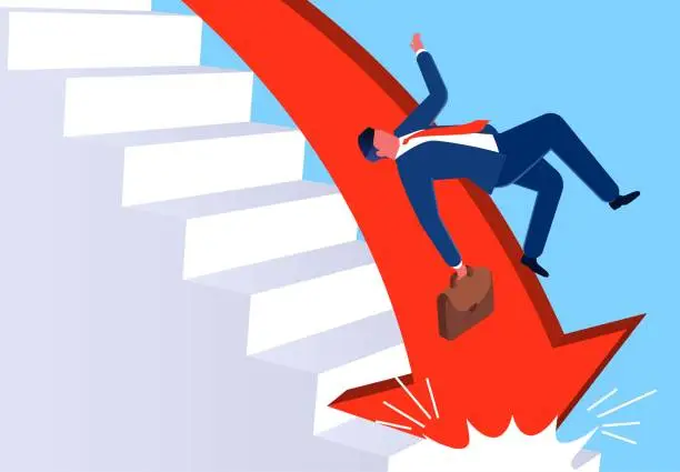 Vector illustration of Business or professional crisis, economic recession, financial crisis, stock market crash or investment failure loss, businessman following the falling arrow down the stairs