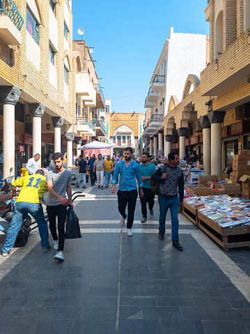 Baghdad, Iraq - Feb 27, 2023: Portrait View of Mutanabbi Street, which is known for Curbside Book Selling. It is the Historic Center of Baghdad Book Selling.