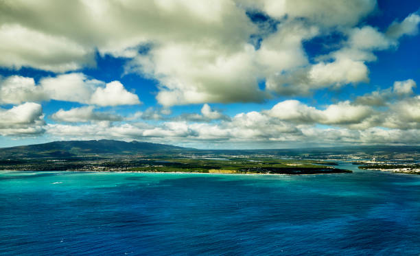 Aerial View of Iroquois Point and entrance to Pearl Harbor on the Island of Oahu, Hawaii stock photo