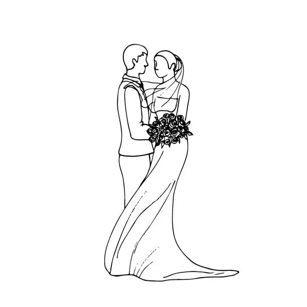 Vector illustration of bride with a veil on her head and a wedding dress flying from the wind holds a bouquet and a groom in a suit - hand drawn doodle. bride and groom are facing each other vector sketch