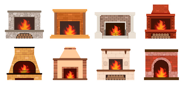 Fireplace color flat icons set. Fireplaces and hearths design elements set. Collection of various fireplaces. Home fireplace collection