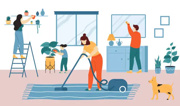 Vector illustration of People do housework, home cleaning. Family doing household chore, woman vacuuming carpet, man mopping mirror