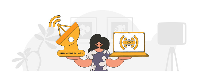 Female figure holding laptop and satellite dish for IOT vector design done in modern style.