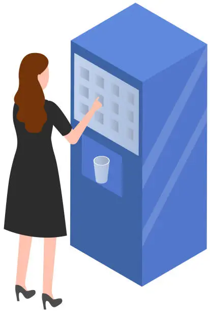 Vector illustration of Woman buying water in automatic vending machine. Girl using public apparatus to take drink