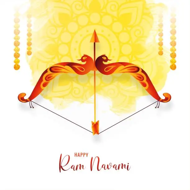 Vector illustration of Lord rama with bow and arrow sri ram navami background