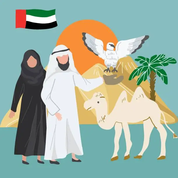 Vector illustration of UAE concept cartoon vector illustration with people characters and tourist attractions and symbols of the United Arab Emirates.