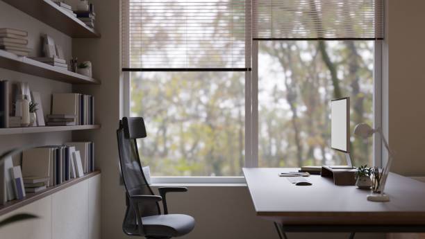 istock Side view of a modern contemporary home office workspace interior design 1475702052
