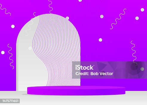 istock Futuristic White and Purple Stage showcase, cylinder pedestal podium. Sci-fi minimal abstract vector 3D room. Mockup product display geometric forms, empty scene for presentation. 1475711651