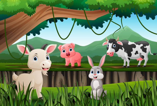 ilustrações de stock, clip art, desenhos animados e ícones de cartoon farm animals in the jungle - 15855