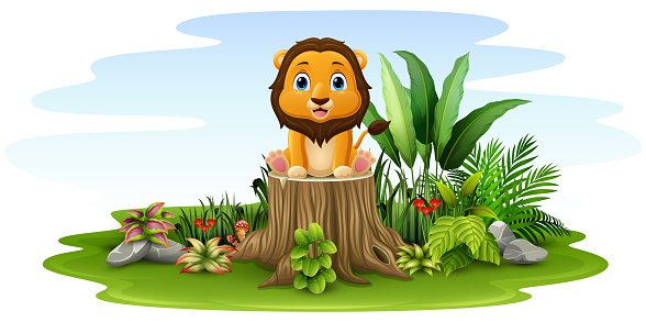 Vector illustration of Cartoon little lion sitting on tree stump