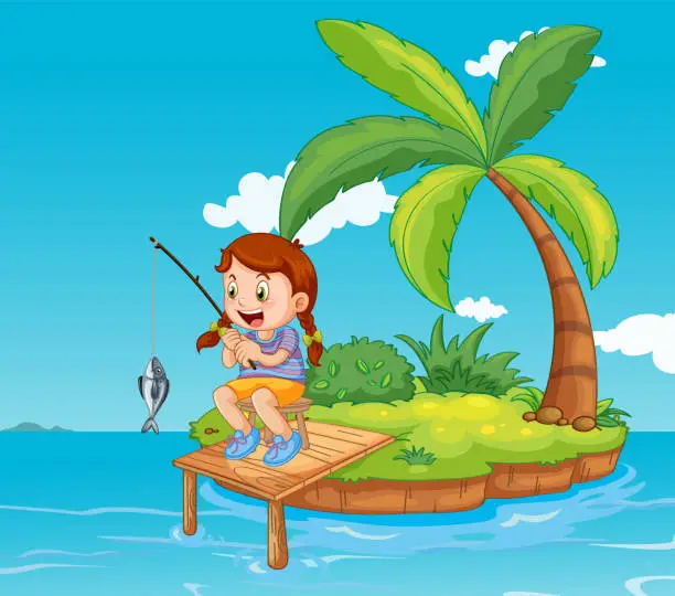 Vector illustration of Happy girl fishing on small island