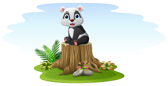 Vector illustration of Cartoon baby panda sitting on tree stump