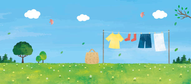 ilustraciones, imágenes clip art, dibujos animados e iconos de stock de cielos despejados y lavandería en el prado - vector illustration and painting backgrounds sock