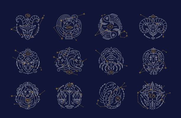 Set of twelve constellations with Zodiac symbols and constellations on blue background Set of twelve constellations with Zodiac symbols and constellations on blue background. Astrology horoscope signs and stars on dark blue sky thin line vector illustration zodiac constellation stock illustrations