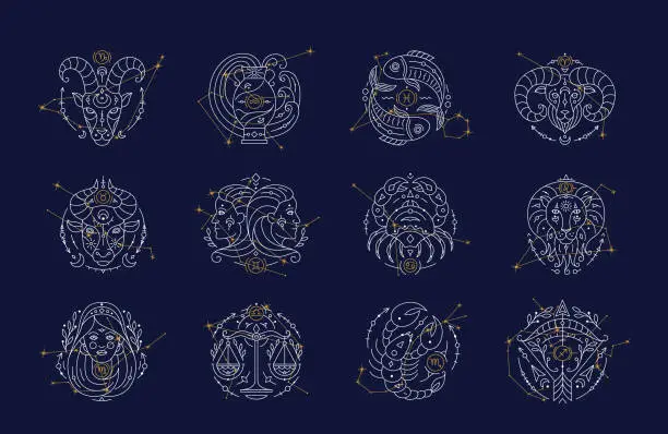 Vector illustration of Set of twelve constellations with Zodiac symbols and constellations on blue background