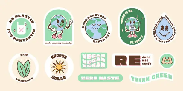 Vector illustration of Save the planet stickers in trendy retro cartoon style. Sticker pack for Earth or World Environment Day. Funny vector illustration of planet Earth, globe with smiley face. Eco green labels or badges.