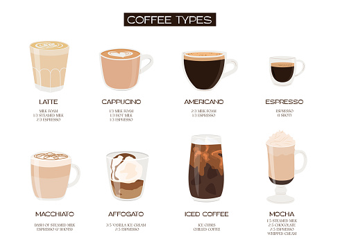 Infographic poster with different types of coffee. Barista cheat sheet. Coffee recipe banner. Set of various caffeine drinks and beverages for cafe menu. Vector flat illustration