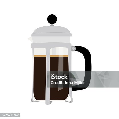 istock Alternative coffee brewing methods. French press glass pot with hot freshly brewed speciality coffee. Hand drawn colored trendy isolated vector illustration. 1475721762