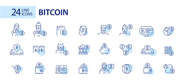 24 bitcoin icons. Worldwide cryptocurreny use. Modern technology virtual finances. Pixel perfect, editable stroke line design
