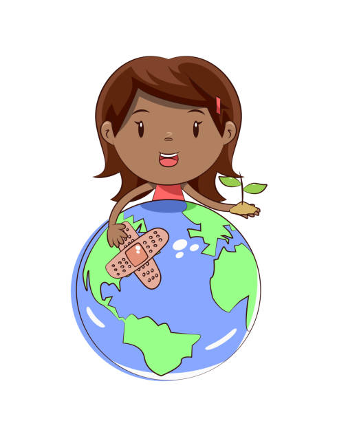 小さな女の子は惑星地球の世話をする - patch planet protection ecosystem点のイラスト素材／クリップアート素材／マンガ素材／アイコン素材
