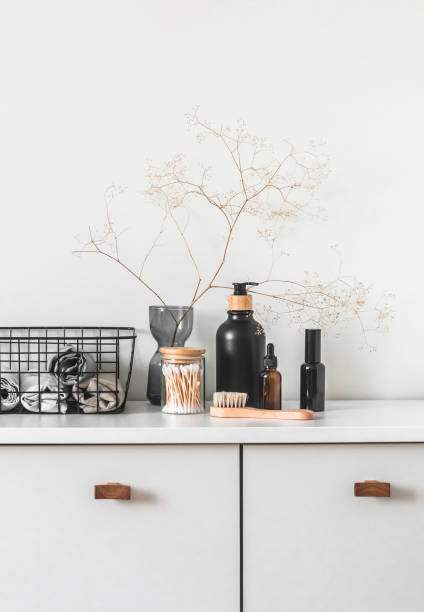 istock Bathroom interior -  hygiene accessories on a shelf. Interior scandinavian style 1475723521