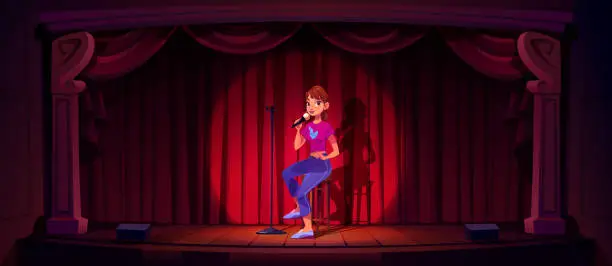 Vector illustration of Comedian girl with mic on stage