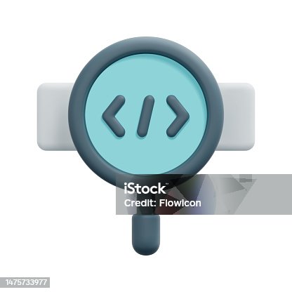 istock 3d search code icon vector. Isolated on white background. 3d development and software concept. Cartoon minimal style. 3d coding icon vector render illustration. 1475733977