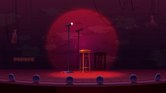 Stand up stage with mic and stool. Comedy show, music contest, karaoke concept with empty scene with microphone, chair and brick wall, vector cartoon illustration